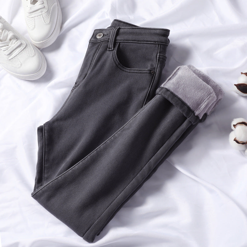 Plush Padded Jeans Women's Winter High-waisted Feet