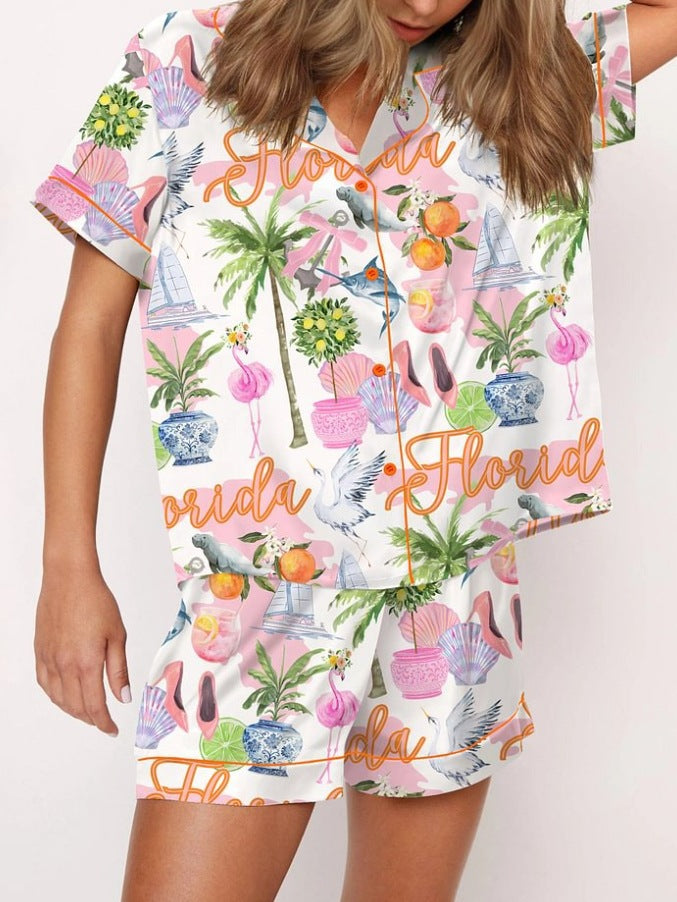Fashionable Long-sleeve Printed Lapel Loungewear Pajamas