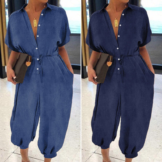 Solid Color Plus Size Casual Short Sleeve Denim Jumpsuit