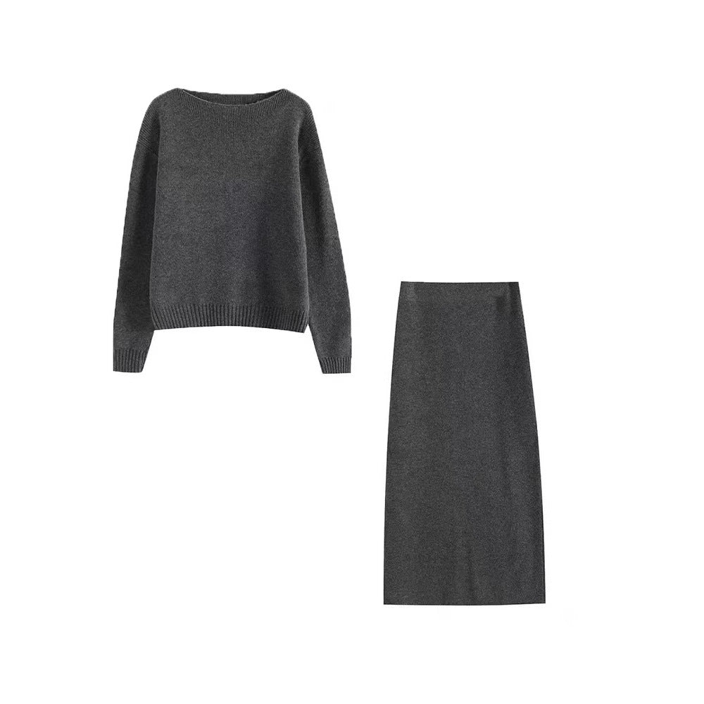 Gray Lazy Suit Round Neck Pullover Sweater Skirt