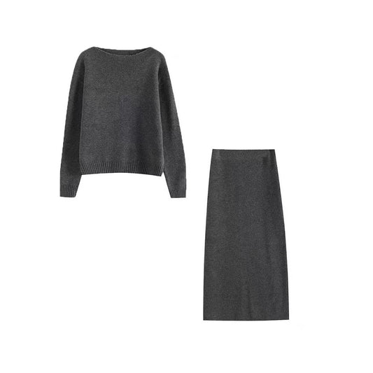 Gray Lazy Suit Round Neck Pullover Sweater Skirt