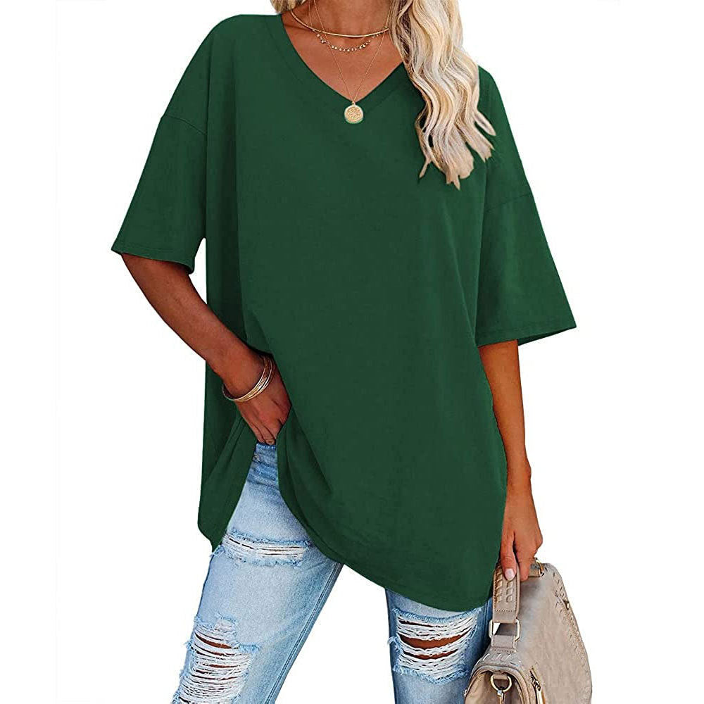 European And American Women's Loose Short-sleeved V-neck T-shirt