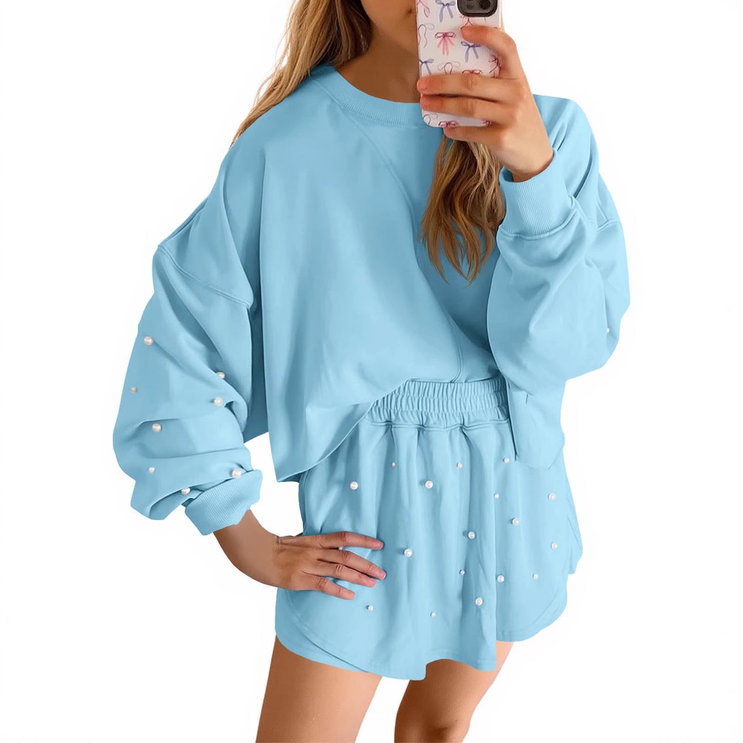 Womens Casual Long-sleeve Top And Shorts Set