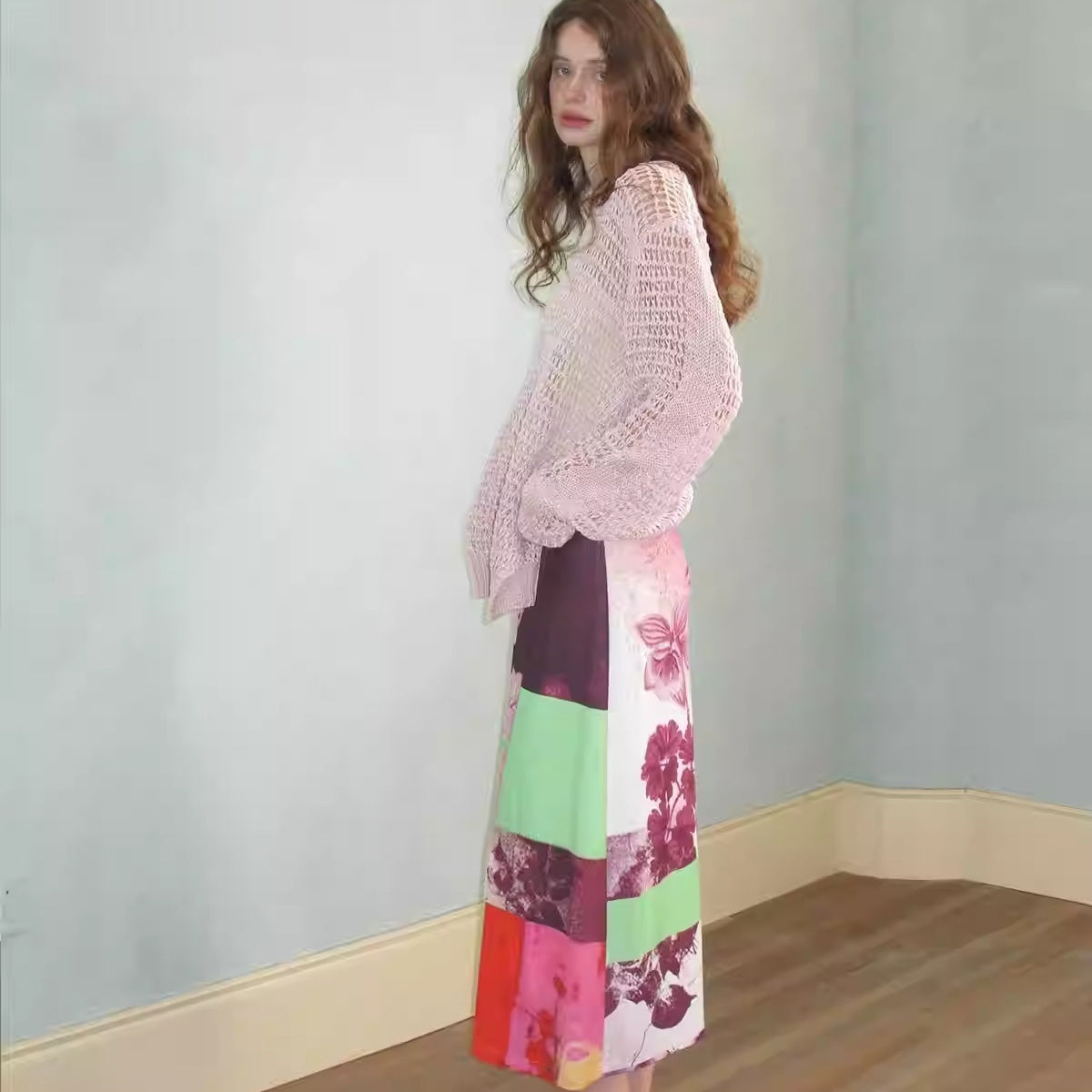 Bonfire Manor Loose Effortless Retro Print Stretch Knit Midi Skirt