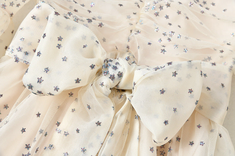 Women's Mesh Star Shiny Silk Print Waist Wrapping Slim Dress
