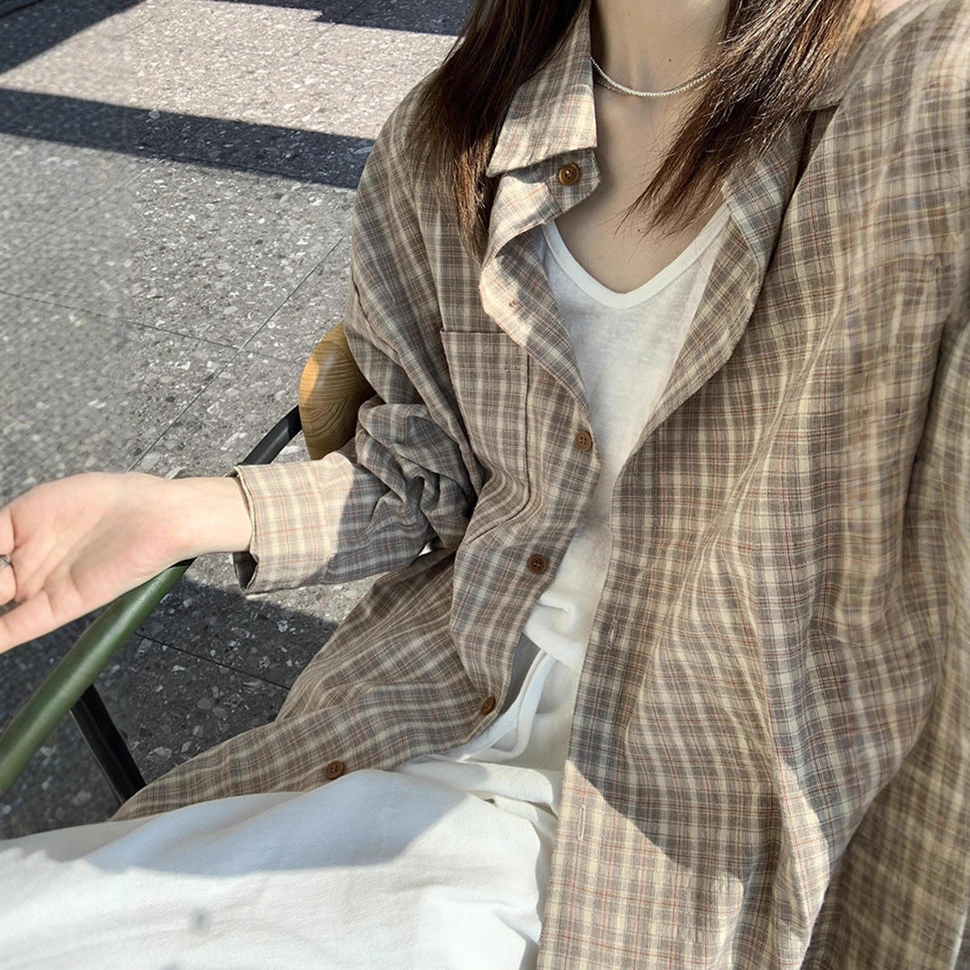 Arrival Loose-fit Blue Plaid Long-sleeve Sun-protective Shirt