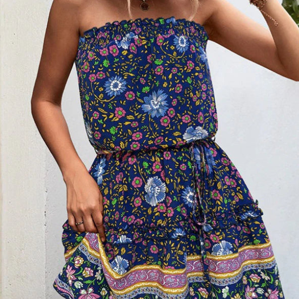 Bohemian Floral Print Bandeau Mini Dress