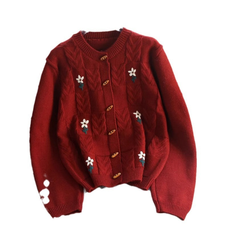 Retro Machine Embroidery Cable-knit Sweater Coat