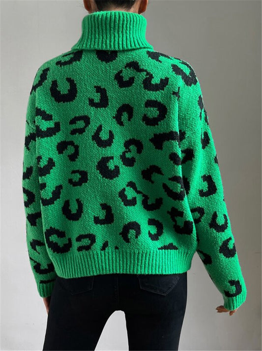 Fallwinter High-neck Pullover Knitted Leopard-print Sweater