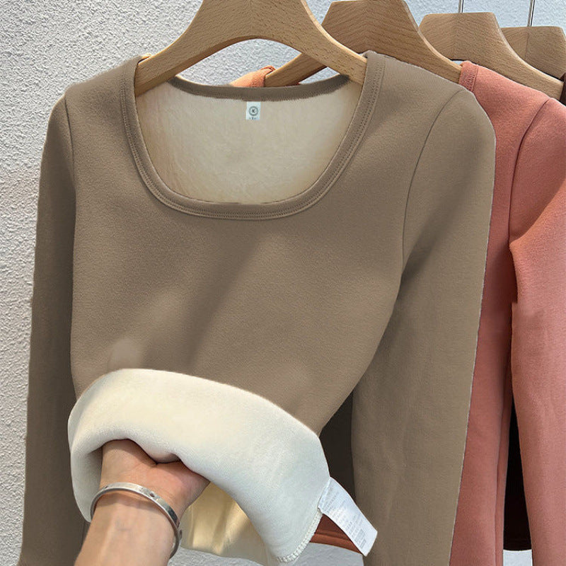 Fleece-lined Square Collar Bottoming Shirt Women's Keep Warm Pure Color Slim Fit