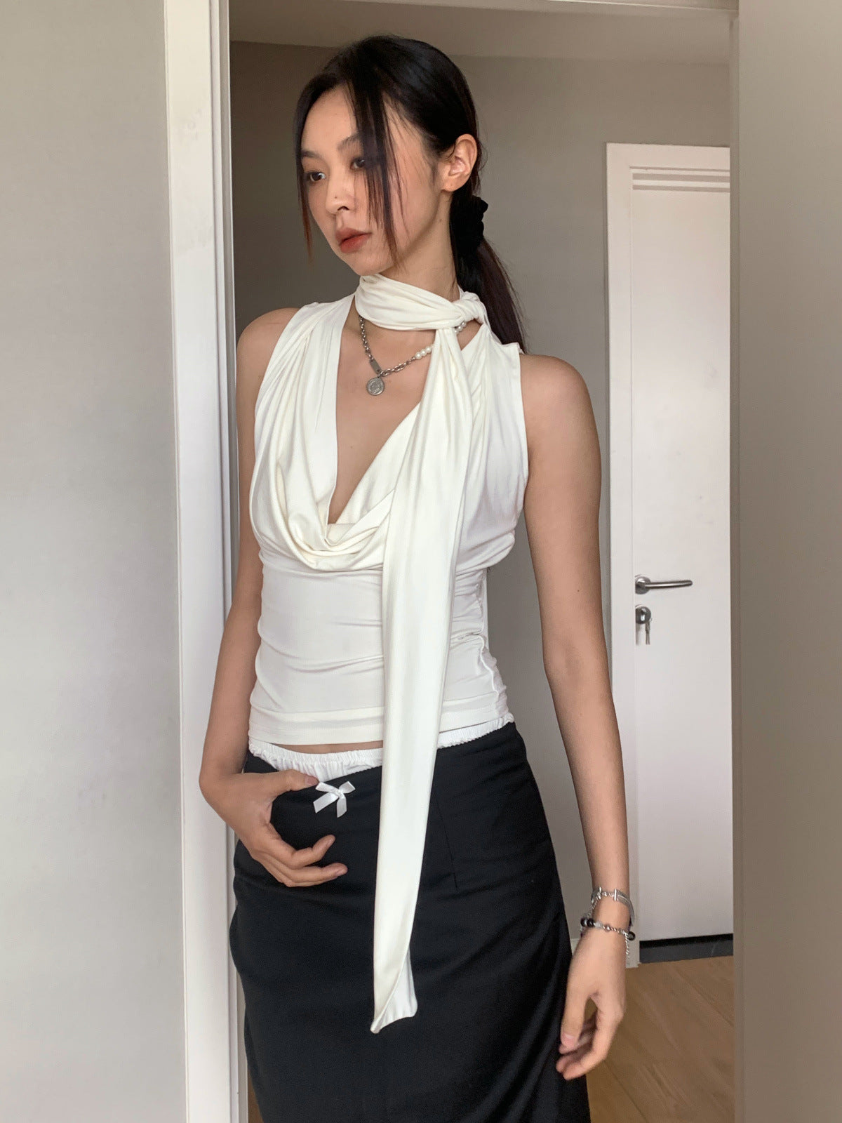 Summer Swing Collar Ribbon Short Halter Spaghetti Straps Sleeveless V-neck Vest