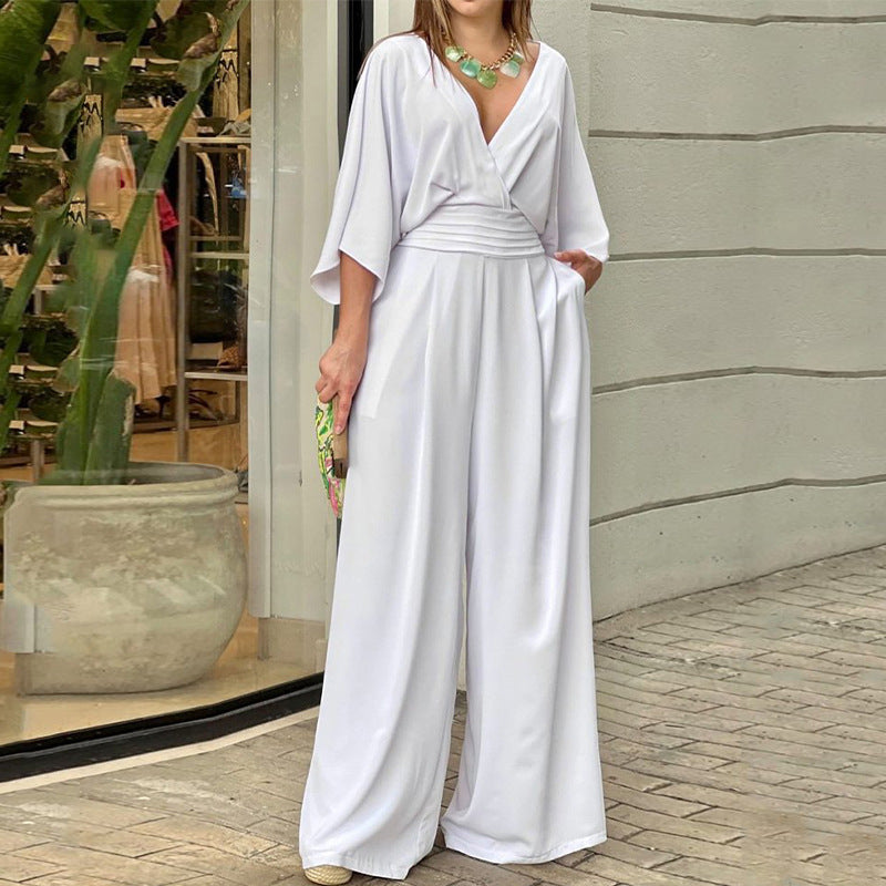 Kvinders Jumpsuit V-hals Ensfarvet Sommer Trendy Mode Kortærmet Street Casual Jumpsuit Sæt Til Kvinder Tøj