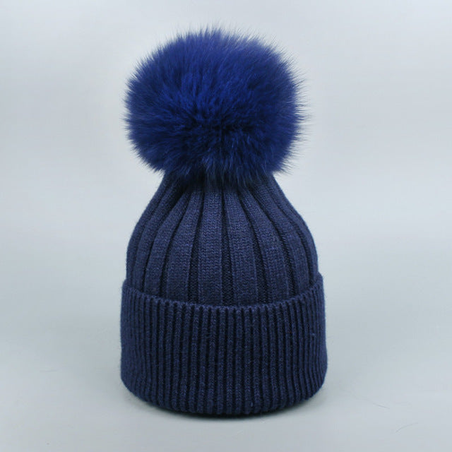 Fox Fur Warm Winter Hat With Ball For Women Child Girl Wool Thick Knitted