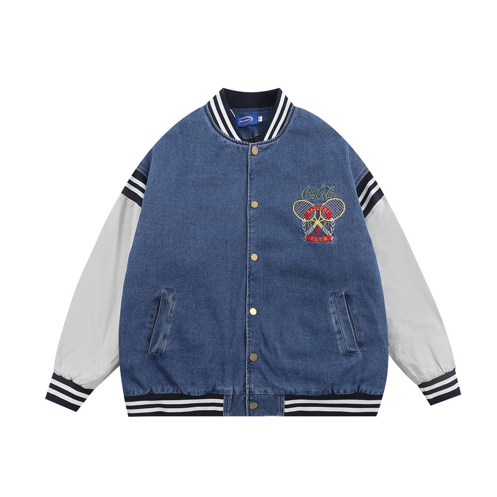 Color Stitching Thickened Quilted Baseball Uniform Denim
