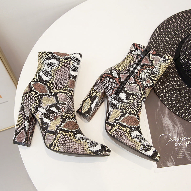 Snake Print Comfortable Fan Thick-heel Pointed High Heels