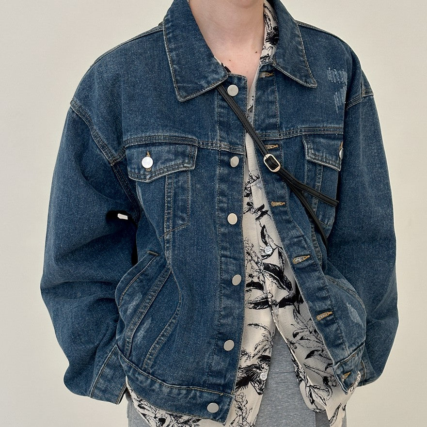 Washed Blue Denim Jacket Men's Short Section