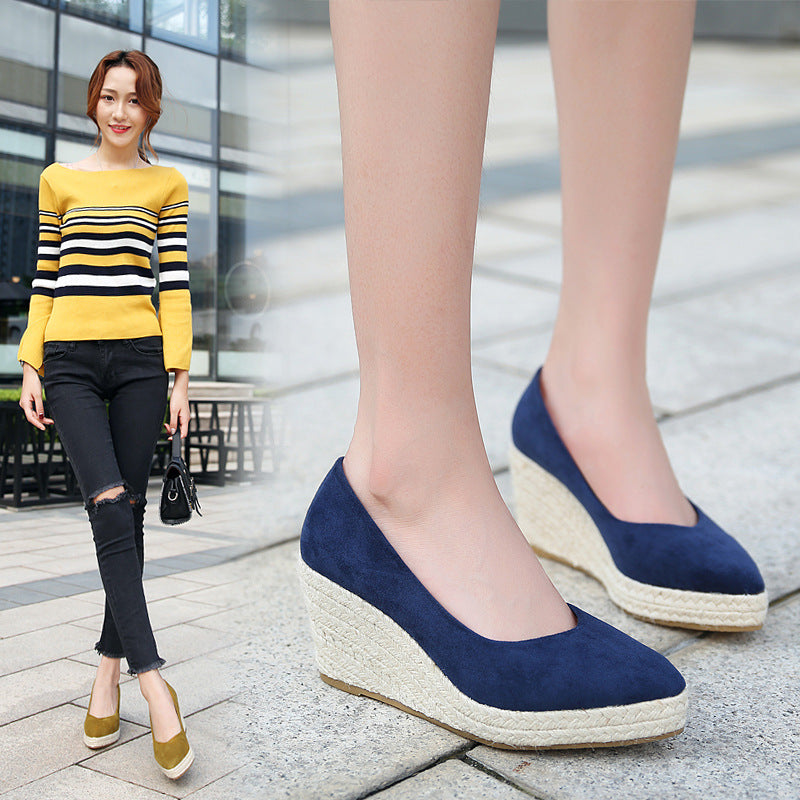 Pointed Toe Platform High Heel Work Shoes Thick Heel Straw Woven