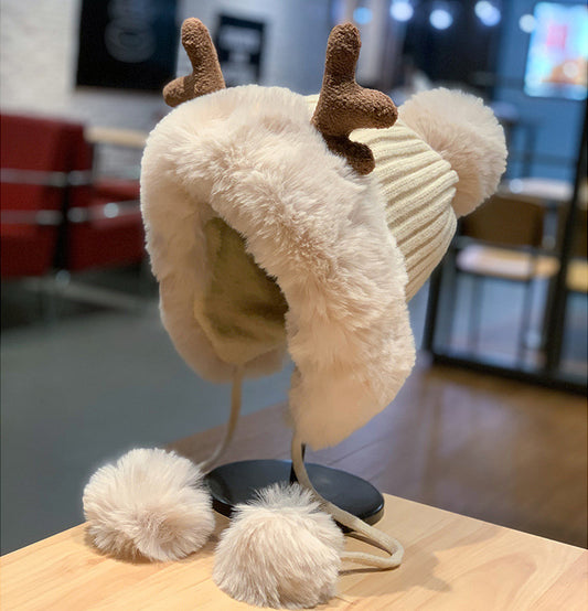 Korean Style Cute Deer Horn Fur Ball Ear Protection Plush Bonnet Christmas Thickened Cycling Cap