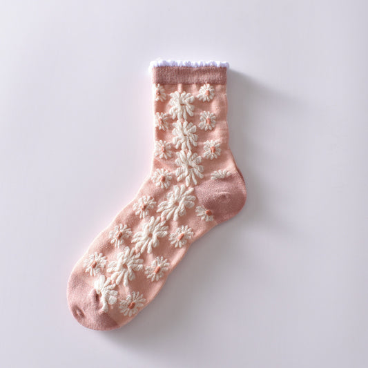 Cotton Pink Autumn And Winter Socks Women's Mid-calf Korean Style