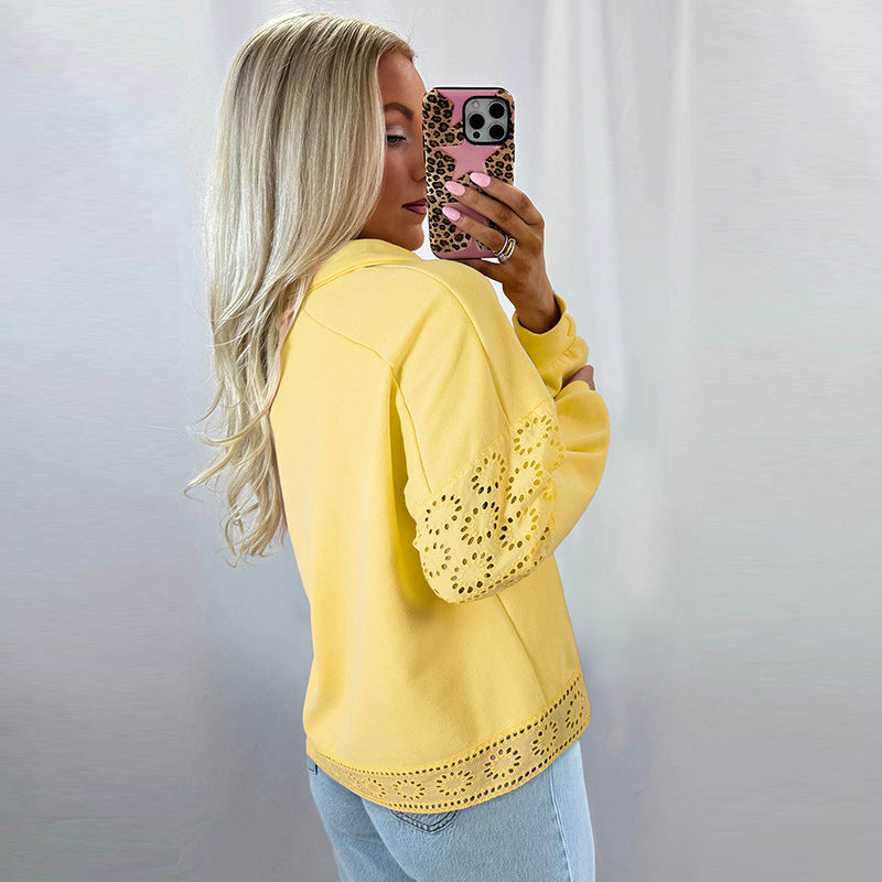 Ensfarvet Pullover Revers Langærmet Sweater Damemode Europæisk og Amerikansk