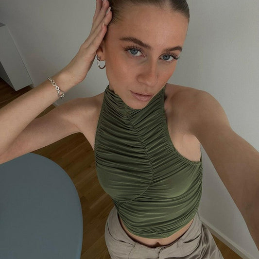 Europe And The United States Part Of The Chest Curve Pleated Sleeveless Round Neck Short Tops Small Undershirt