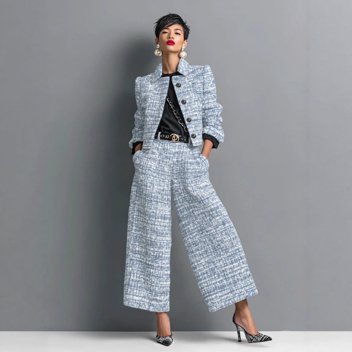 Notched Lapel Slim-fit Women's Long-sleeve Short Top With Wide-leg Pants Set