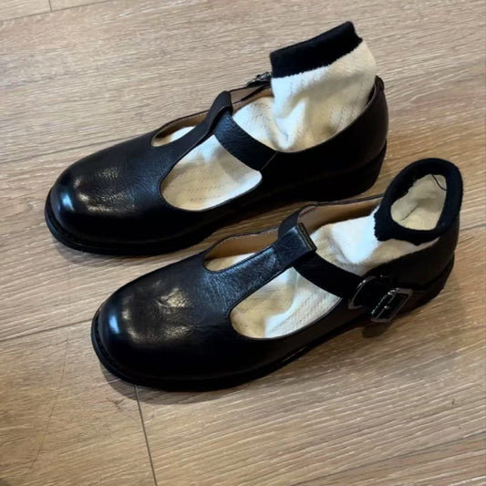 Round-toe Mid-heel T-strap Chunky-heeled Mary Jane Leather Shoes