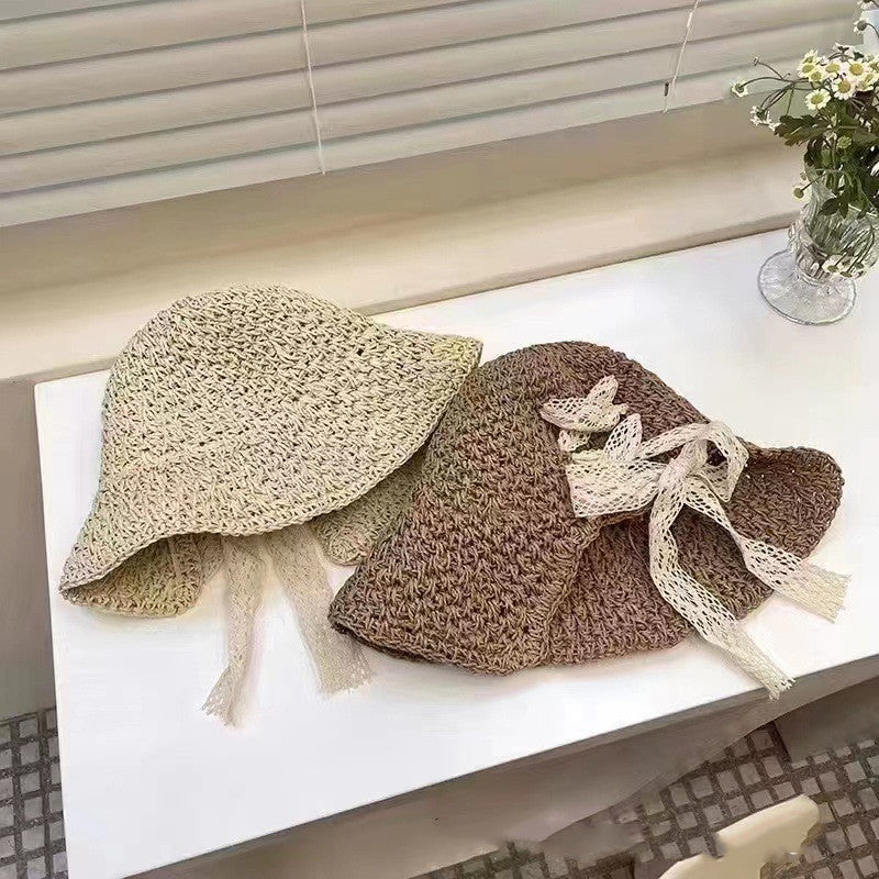 Women's Straw Hat Lace Bow Hollow Handmade