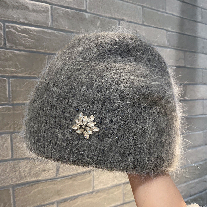 Women's Rabbit Hair Knitted Hat Thickened Warm Rhinestone Flowers