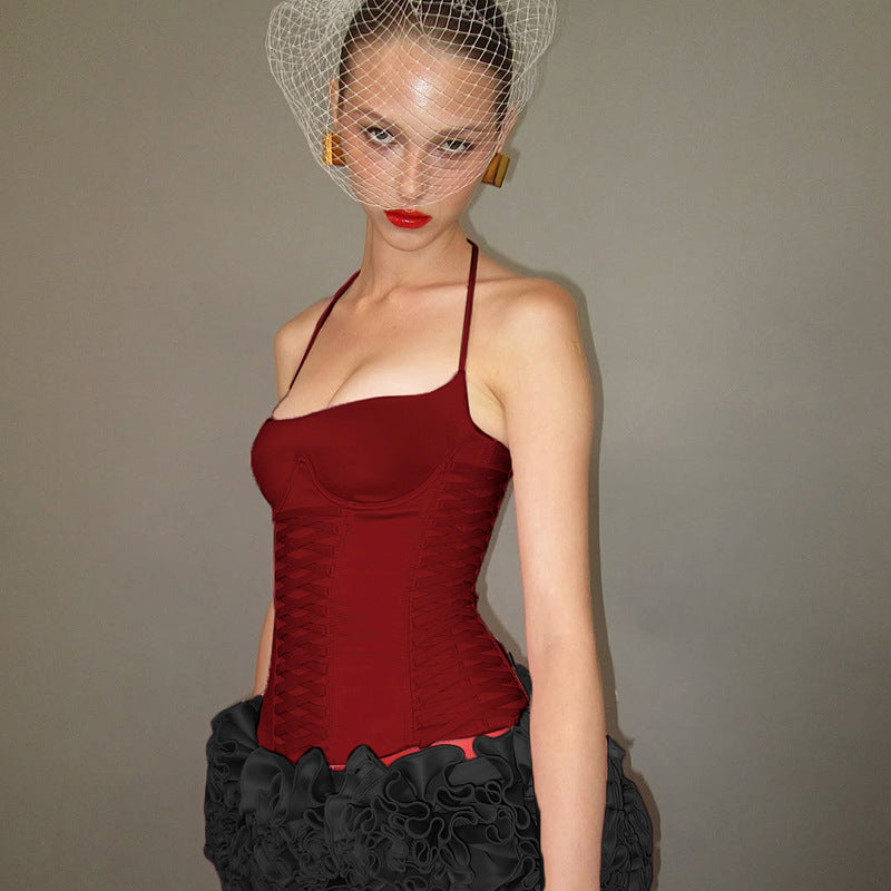 Summer New Lace-up Waist-controlled Lace-up Halterneck Vest For Women