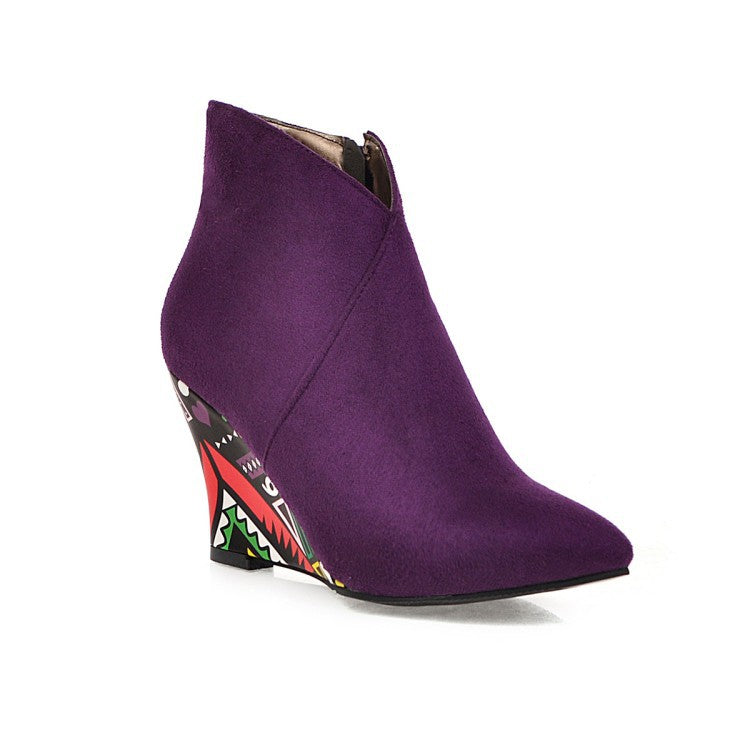 Winter Pointed Toe Wedge Heel Side Zip Floral Ankle Boots