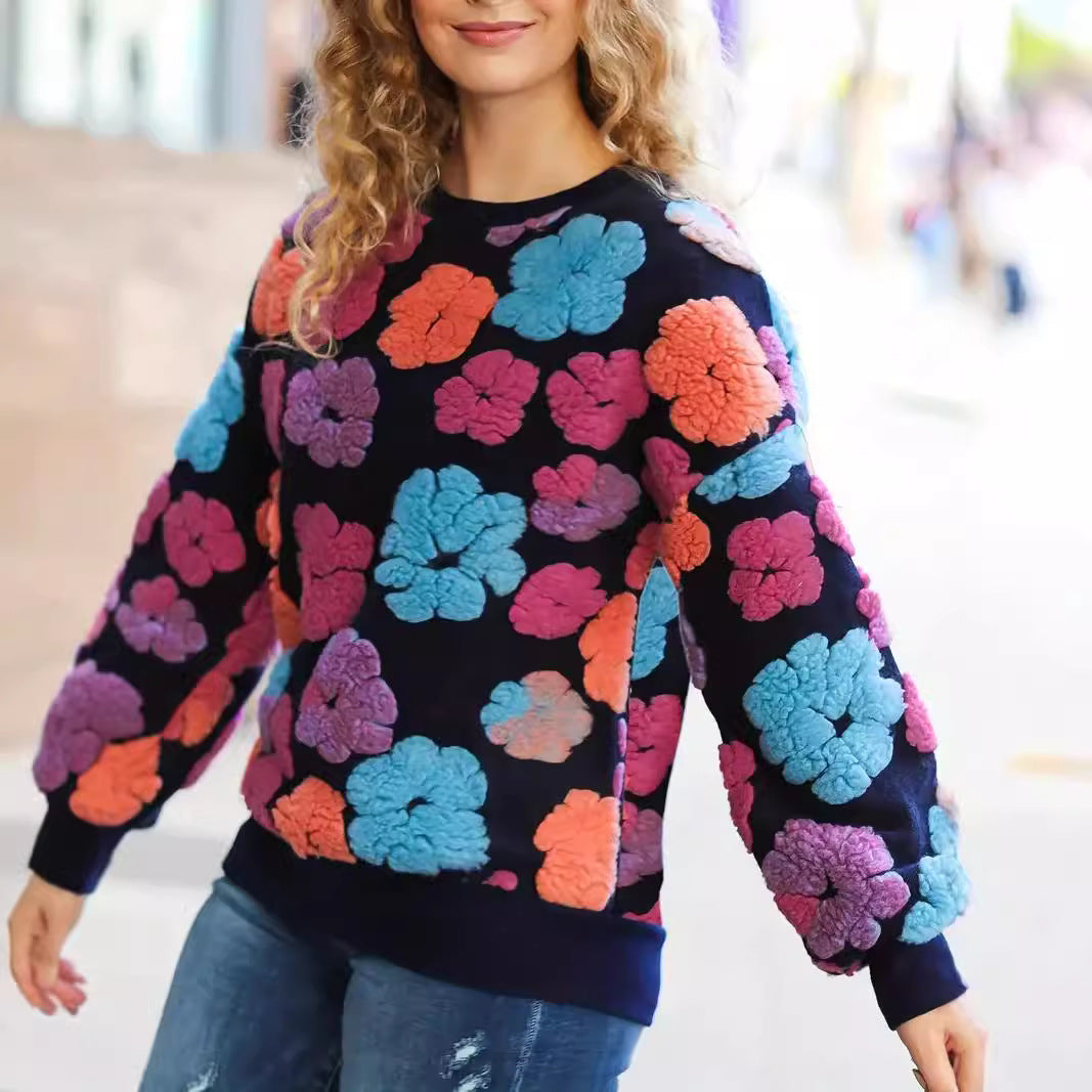 Retro tredimensionel blomsterstrikket, løs temperamentsfuld cashmere-sweater