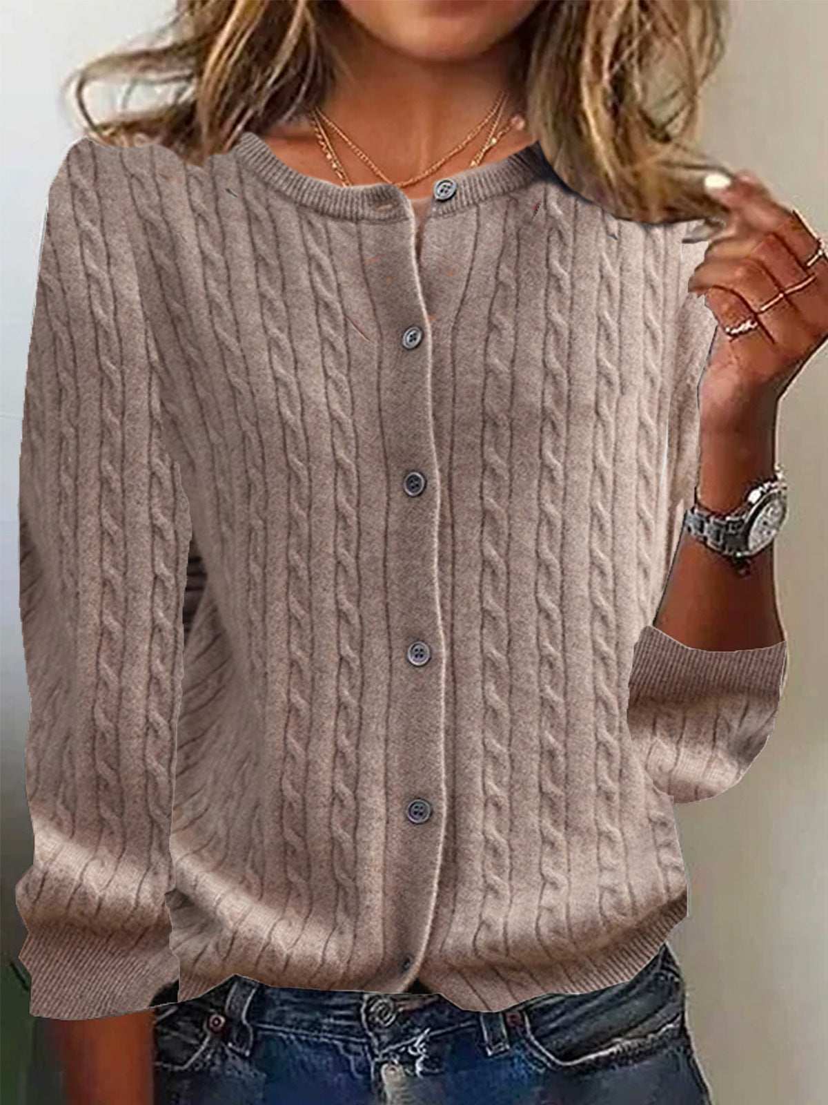 Womens Andi Fleece Crew-Neck Knitted Linen-Flower Cardigan Sweater