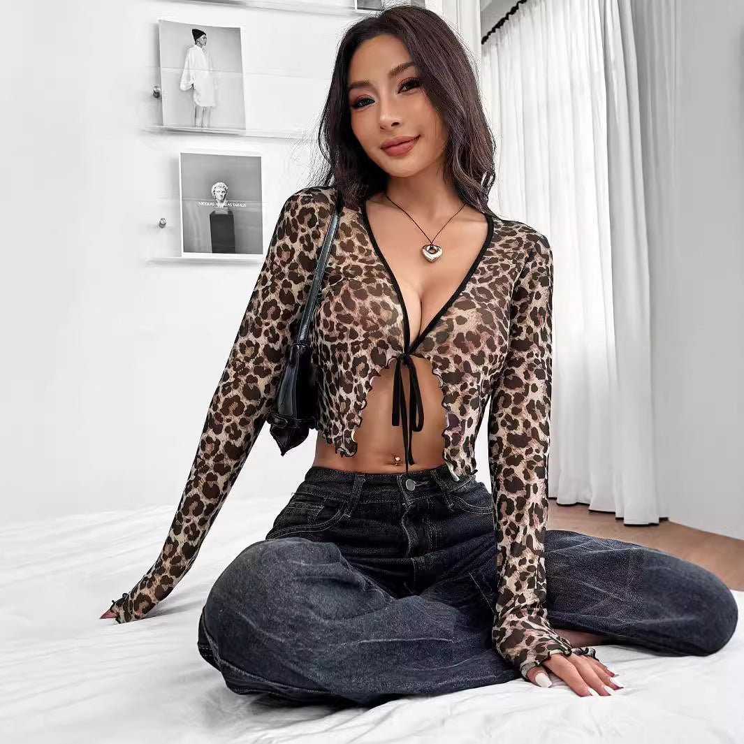 Elegant gennemsigtig mesh langærmet bluse med leopardprint og snørebånd foran til kvinder