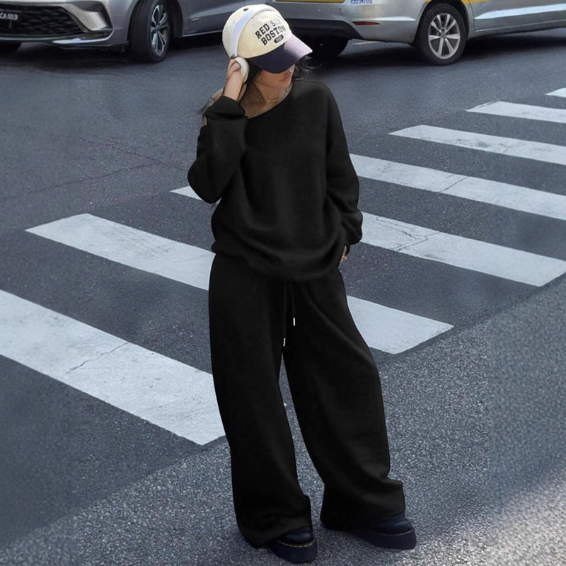 Casual Hættetrøje Med Rund Hals I Løstsiddende Sportsstil Og Casual Buksesæt Til Kvinder