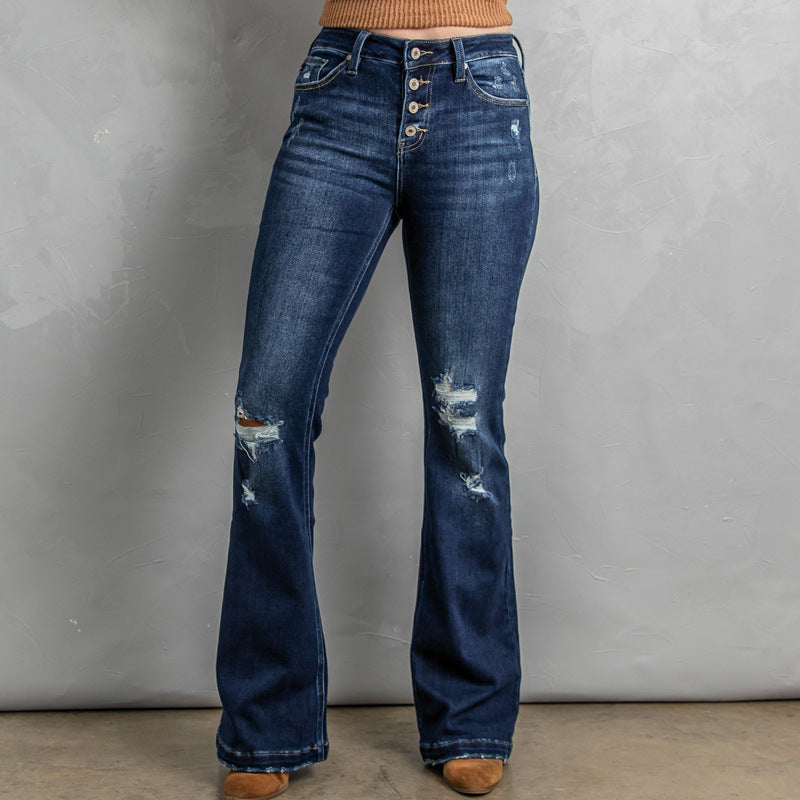 European And American Slim Women's Washed Hole High Waist Jeans