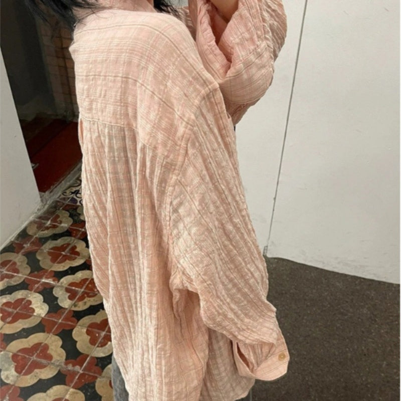 Pleated Seersucker Shirt Casual Loose Outline Plaid Long Sleeve