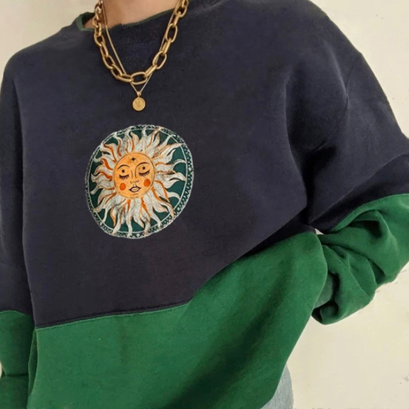 Retro marineblå strikket broderi-sweater uden hætte