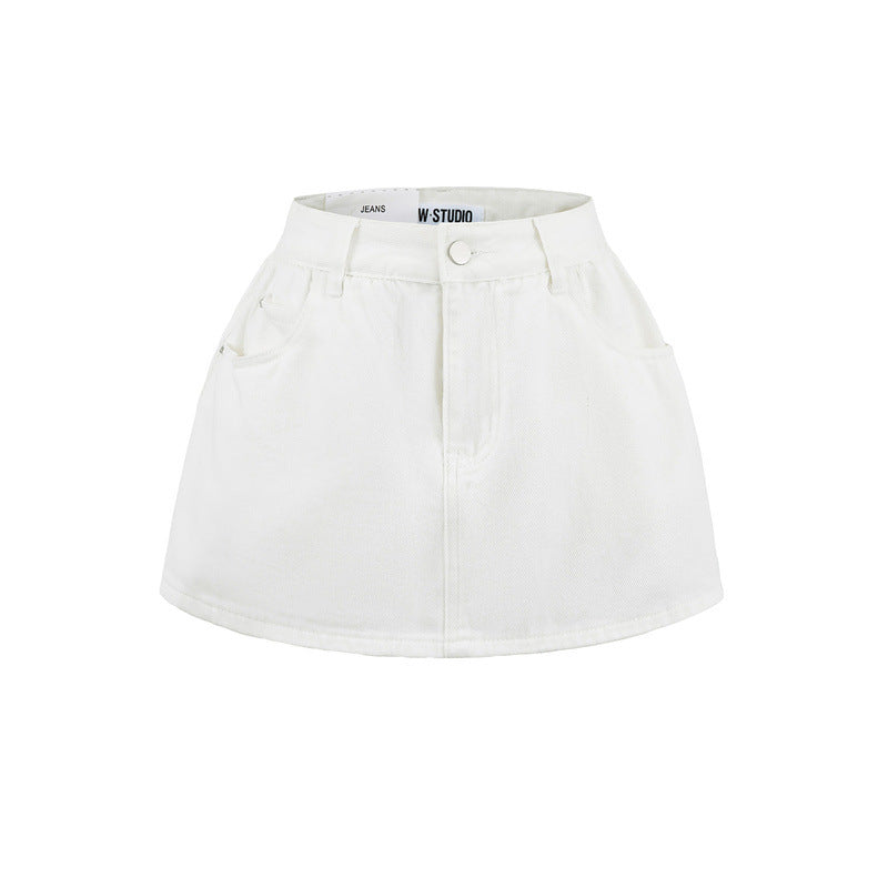 Retro Mid-low Waist Anti-exposure Denim A- Line Bubble Short Skirt