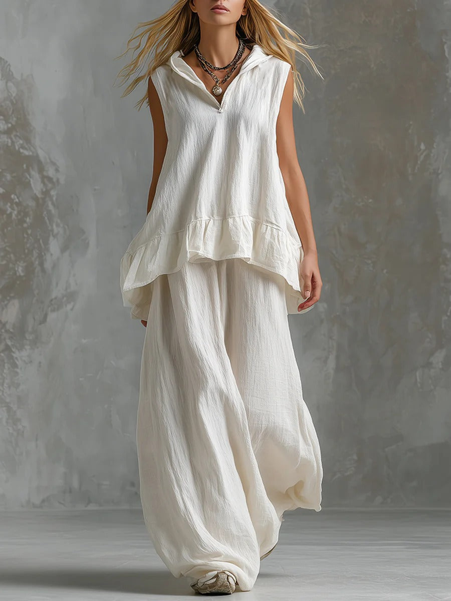 Casual Sleeveless Top And Fashionable Wide-Leg Pants Two-Piece Set