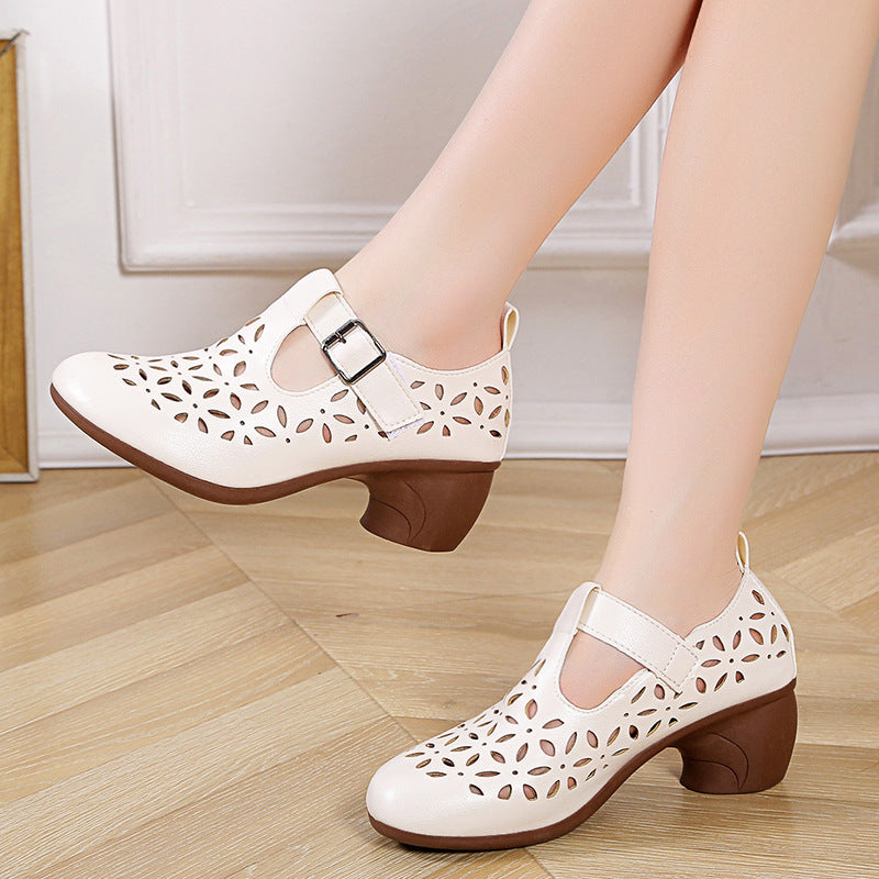 High Heel Retro Hollow Sandals Spring And Summer New Round Toe Buckle Mom Shoes