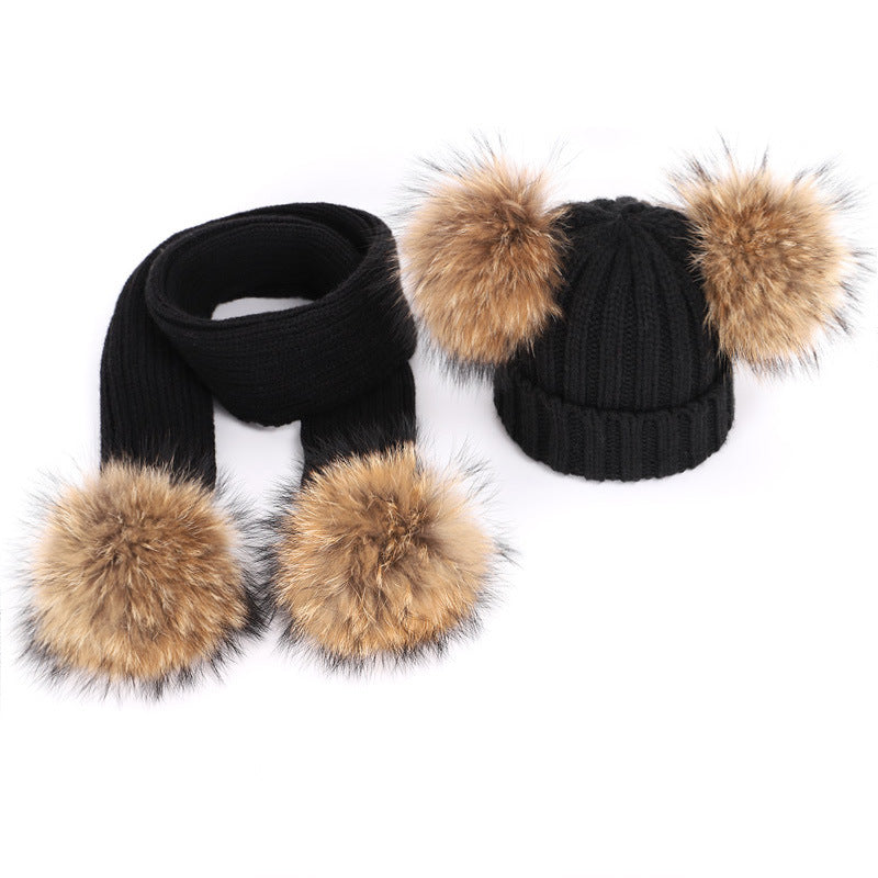 Men's And Women's Thickened Raccoon Fur Ball Knitted Ear  Set
