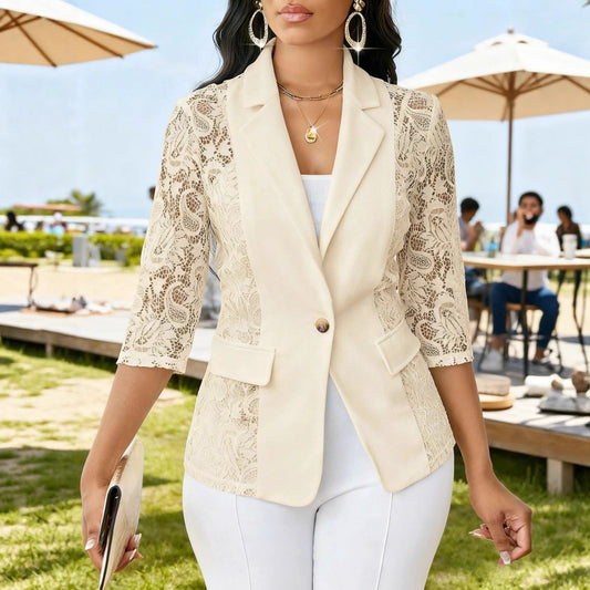 Womens Solid-Color Lace Hollowed-Out Three-Quarter-Sleeve Casual Jacket