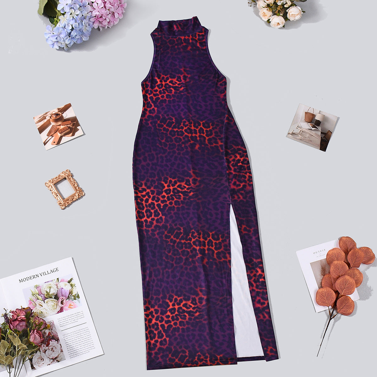 Printed Sexy High-Neck Tank Split Dress For Women
