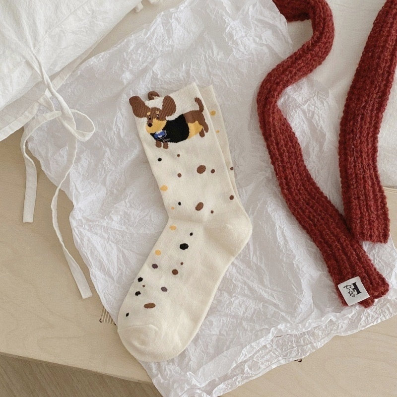 Autumn And Winter Puppy Embroidery Tube Socks Flanging Cartoon Sausage Dog Vertical Bar Bunching Socks