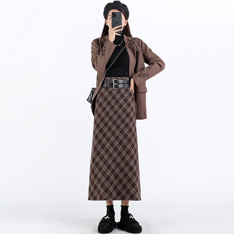 College Style High Waist Plaid Split A- Line Skirt