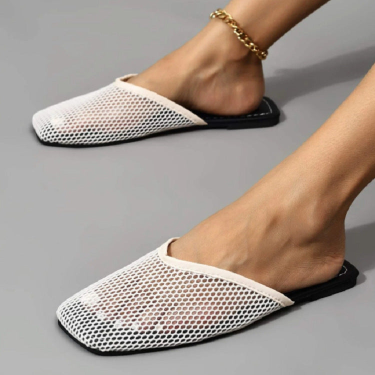 Mesh Flat Bottom Square Head Flip Flop Ladies Slippers