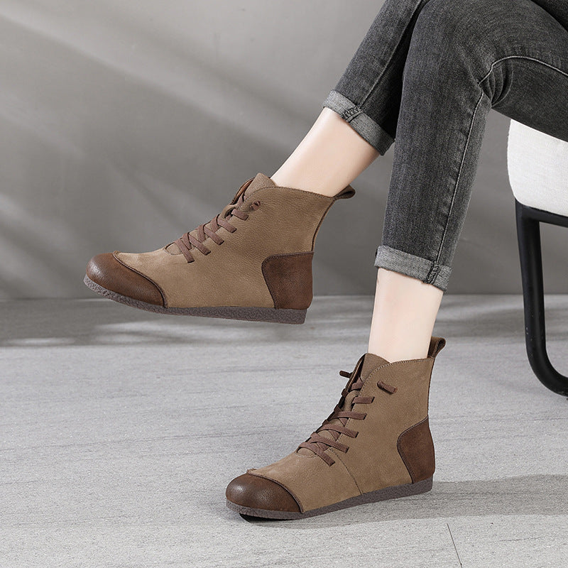 New Retro Leather High-top Women's Boots With Round Head Stitching