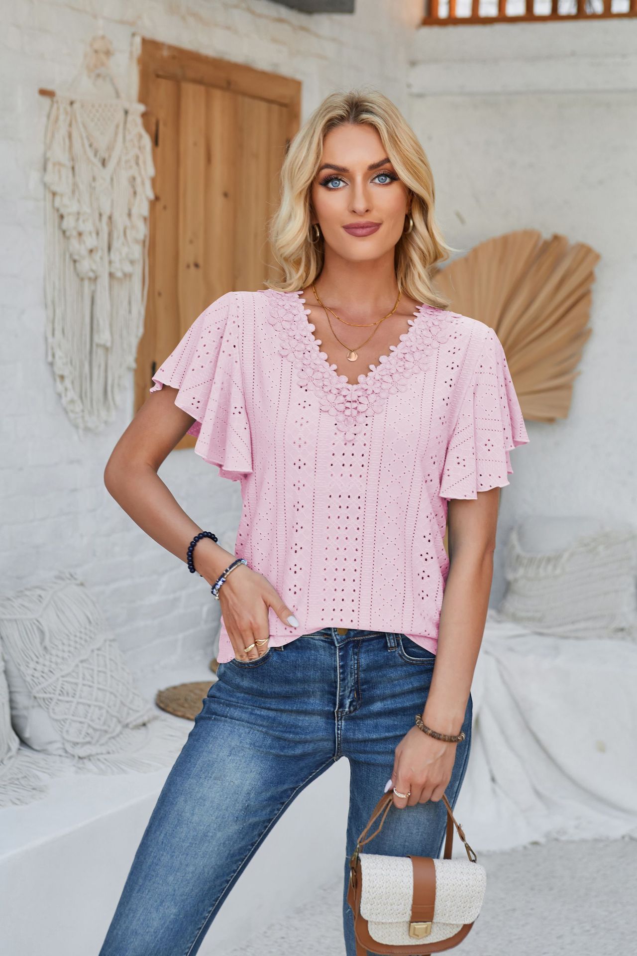 Women's Spring And Summer Lace Ruffle Sleeve Solid Color Loose Short Sleeve