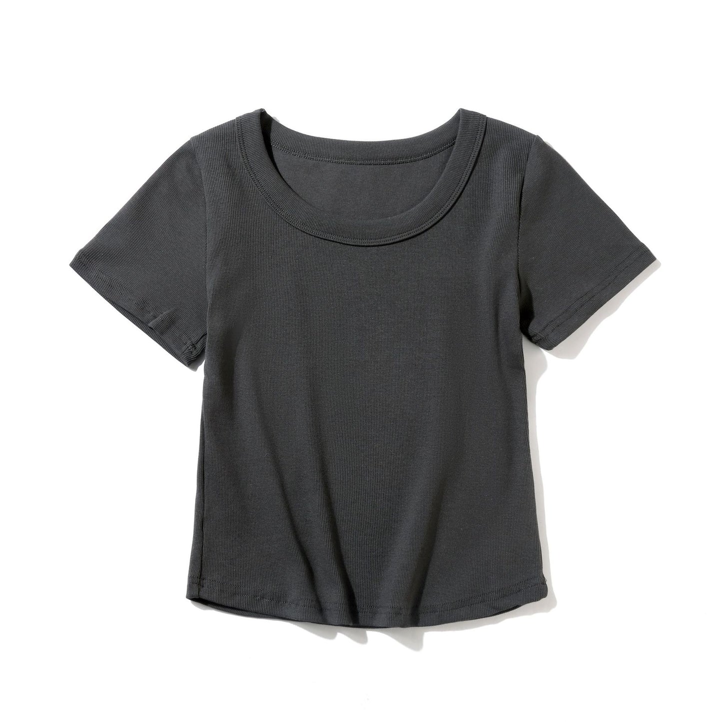 Women's French-style O-neck Short ICE Cotton T-shirt With Curved Hem